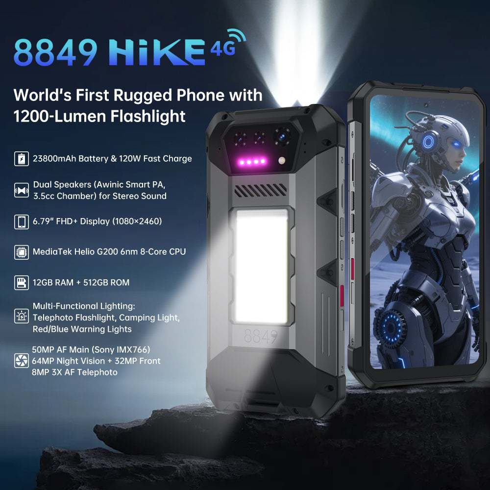 8849 Hike - World's First Rugged Phone with 1200-Lumen 200-Meter Flashlight (Pre-Order)