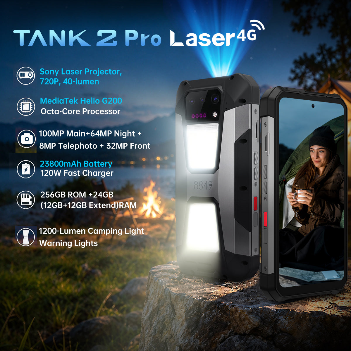 TANK 2 Pro Laser – 4G Rugged Smartphone with 720P Laser Projector, 23,800mAh Battery (Pre-order)