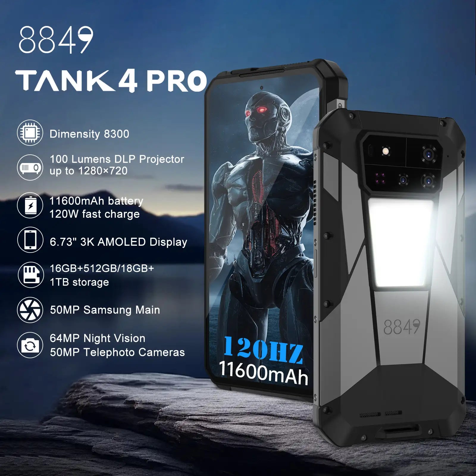 World's first 720P rugged projector cellphone, TANK 4 Pro with AMOLED screen and military-grade durability