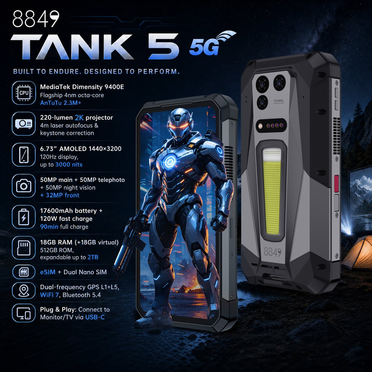 TANK 5 Rugged Phone - World’s First 2K Projector, 9400e Chip, 3K Display, 17600mAh Battery & eSIM 【pre-order】 - 8849 Official Website