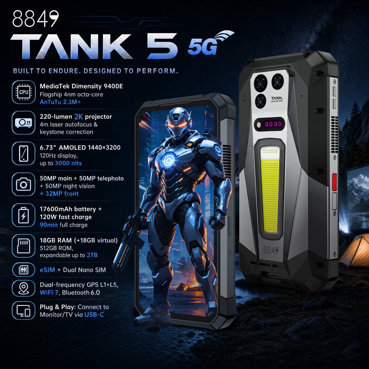 TANK 5 Rugged Phone - World’s First 2K Projector, 9400e Chip, 3K Display, 17600mAh Battery & eSIM - 8849 Official Website