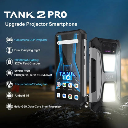 Teléfono resistente TANK 2 Pro 4G: proyector DLP, batería de gran capacidad de 23800mAh + 120W, cámara de 100MP