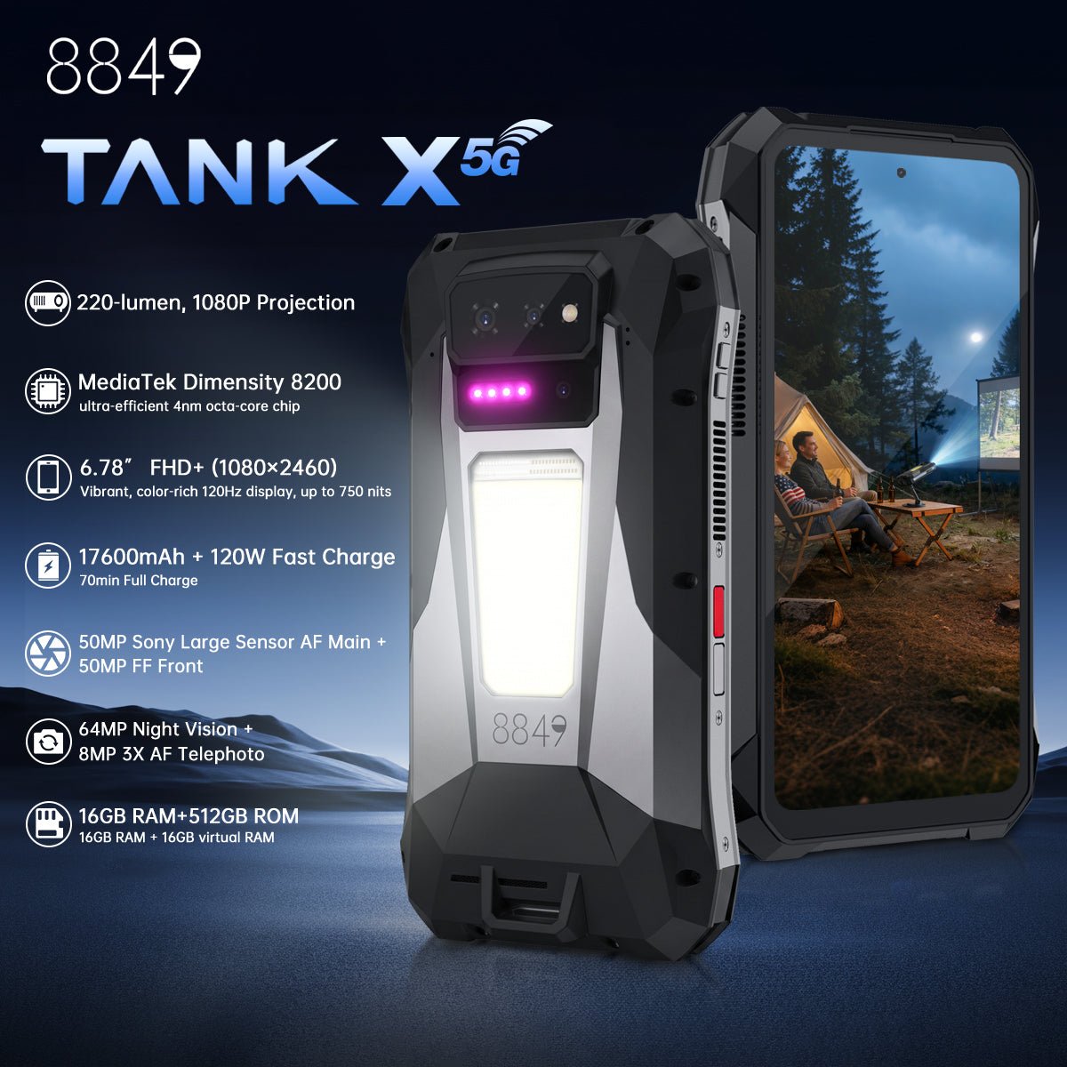 TANK X – 5G Rugged Smartphone with 1080P Projector, Dimensity 8200, 17,600mAh Battery, 64MP Night Vision - 8849 Official Website