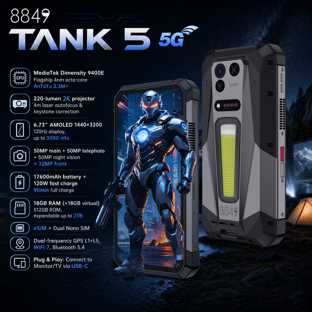 TANK 5 – Ultimate Flagship Rugged Phone with 2K Projector, 3K AMOLED Display, eSIM & 17600mAh Battery - 【Pre-order】 - 8849 Official Website